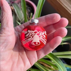 Vtg 2” SHINY BRITE Red Stenciled ‘Christmas Greetings’ Bell Holly Ornament USA